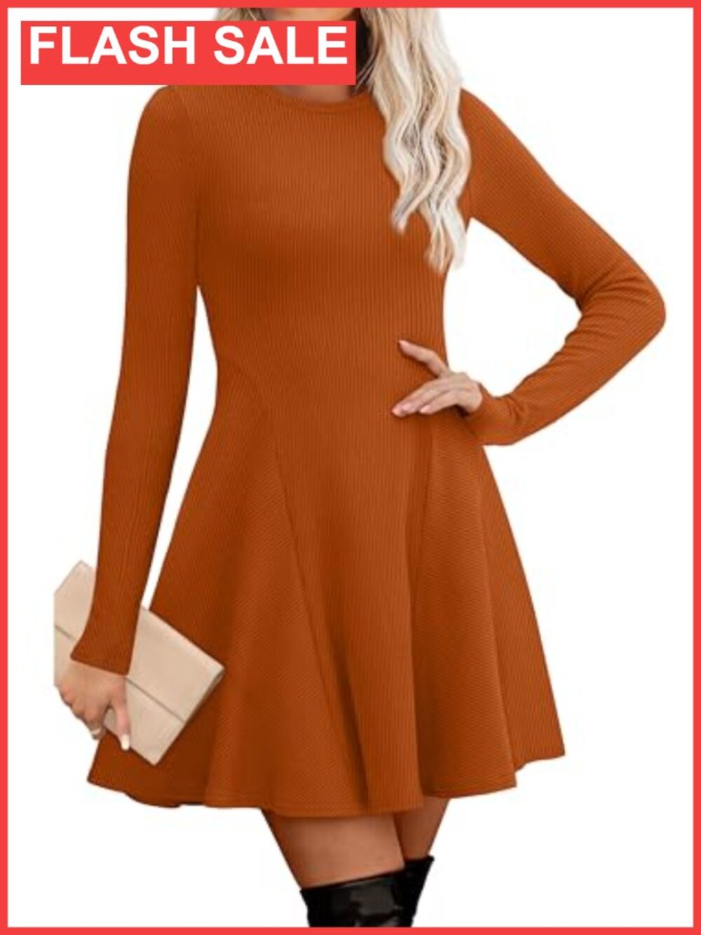 Ribbed Knit Fit and Flare Sweater Dress Long Sleeve Crew Neck A-Line